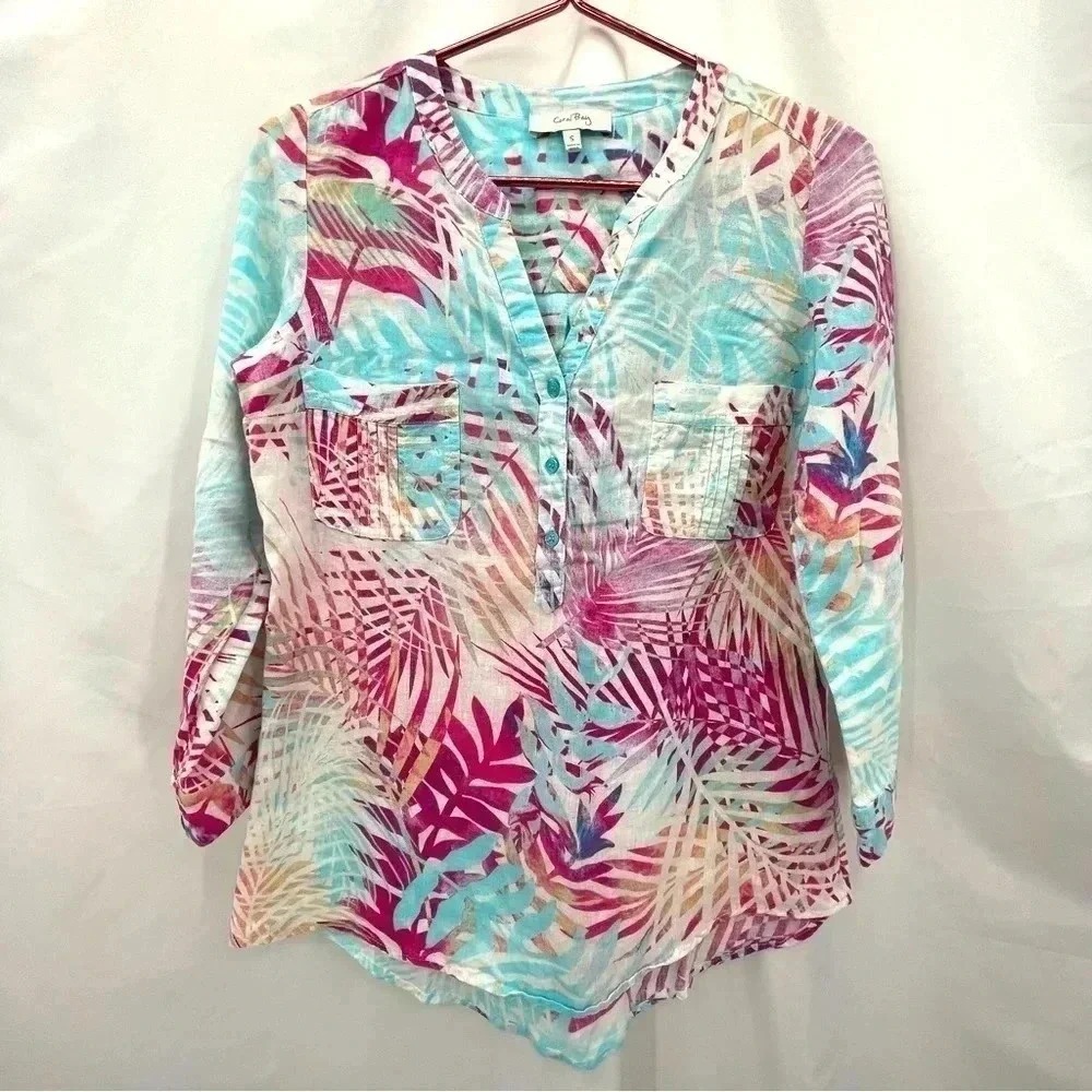 Coral Bay Blouse Women S Multi Color Tropical Palm Leaf Roll Tab Button Front